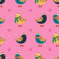 Christmas pattern with bird in a cap, scarf, and boots. vector