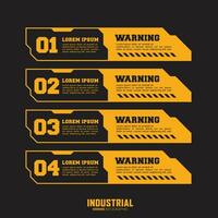 Industrial infographic template with 4 options or steps, warning label sign, lower third banner, geometric strong shapes. vector