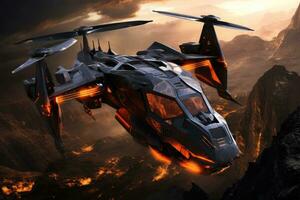 AI generated Helicopter in the fire. army helicopter flying on sky 3D render, Ai generated photo