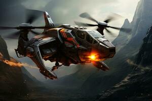 AI generated Helicopter in the fire. army helicopter flying on sky 3D render, Ai generated photo