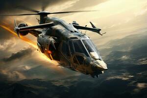 AI generated Helicopter in the fire. army helicopter flying on sky 3D render, Ai generated photo