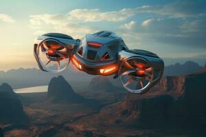 ai generado futurista drones volador en el cielo, ai generado foto