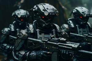 AI generated Futuristic army Combatants in a Firefight with Rifles and Photo Realistic Image of Soldier in Full Gear in Night AI Generated