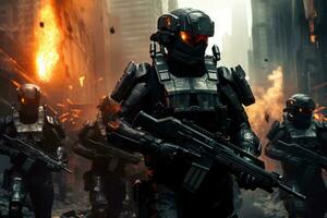 AI generated Futuristic army in Explosive Action A Photo Realistic Image of Special Forces in Combat AI Generated