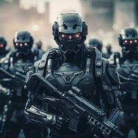 AI generated Futuristic army Combatants in a Firefight with Rifles and Protective Gear AI Generated photo