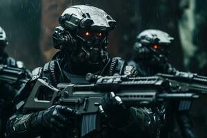 AI generated Futuristic army Combatants in a Firefight with Rifles and Protective Gear AI Generated photo