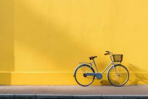 ai generado bicicleta estacionado siguiente a un amarillo pared foto