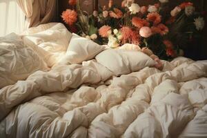 ai generado un cama con blanco hojas y almohadas en un blanco edredón foto