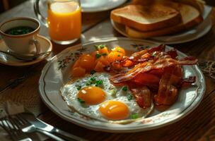 ai generado un desayuno plato con tocino, huevos y brindis acompañado por jugo foto