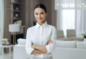 AI generated a female maid with her arms crossed in front of a living room photo