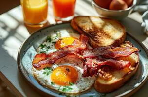 AI generated a breakfast plate with bacon, eggs and toast accompanied by juice photo