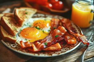 ai generado un desayuno plato con tocino, huevos y brindis acompañado por jugo foto