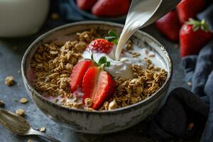 AI generated a bowl of cereal, granola, berries and chia seeds photo