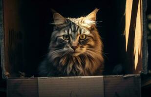 AI generated a cat sitting in a cardboard box looking out of it photo