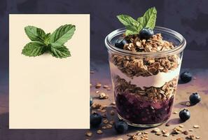 AI generated a blueberry yogurt and granola parfait in a jar with mint leaves photo