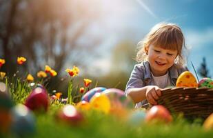 AI generated a child is playing on the grass with easter eggs photo