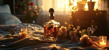 ai generado un botella de licorera en un cama con flores y un vela foto