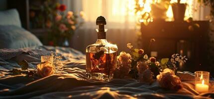 AI generated a bottle of decanter on a bed with flowers and a candle photo