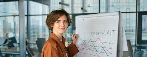 Image of young saleswoman, start up manager stands near board with diagram, giving presentation to team in office and smiling photo