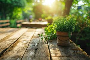 AI generated a landscape table with green plant background at an outdoor dinner photo