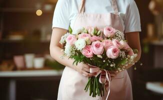 AI generated a florist in an apron with several bouquets and flowers photo