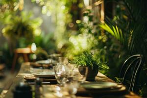 ai generado un comida arreglo con verdor en un jardín foto