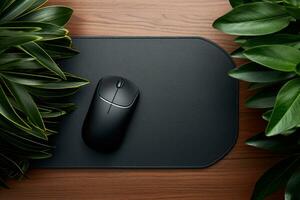 AI generated a desk with a black computer mouse and a plant or two photo