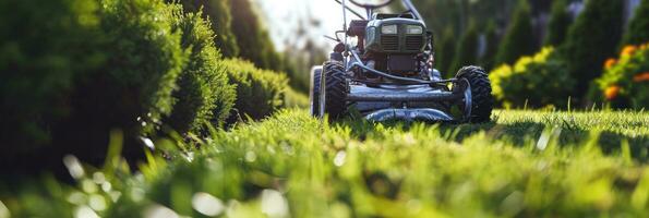 AI generated lawn mower on a green lawn with sunlight in the background photo
