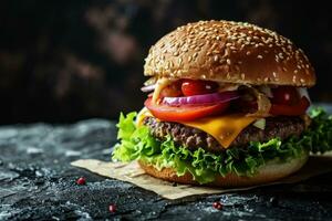 AI generated hamburger on black plate with tomatoes, cheese, lettuce and some ice cream photo