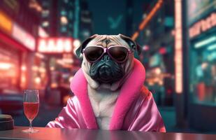 AI generated a pug dressed in pink sitting next to some glasses photo