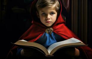 AI generated a little boy reading a book in a red cape photo