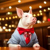 AI generated Swine dressed in a festive holiday suit and bow, sitting at a table in a bar. Anthropomorphic animals. Generative AI. photo