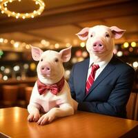 AI generated Swine dressed in a festive holiday suit and bow, sitting at a table in a bar. Anthropomorphic animals. Generative AI. photo