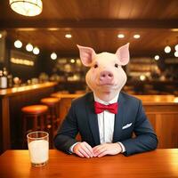 AI generated Swine dressed in a festive holiday suit and bow, sitting at a table in a bar. Anthropomorphic animals. Generative AI. photo