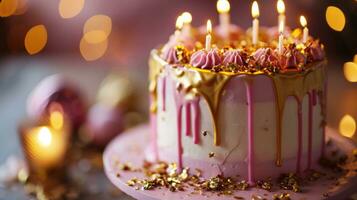 ai generado un rosado cumpleaños pastel adornado con oro goteo Formación de hielo foto