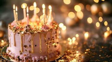 ai generado un rosado cumpleaños pastel adornado con oro goteo Formación de hielo foto