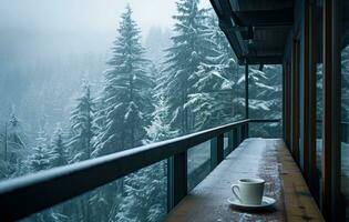 ai generado un mesa es forrado con un café taza conjunto en un balcón con vista a un bosque foto