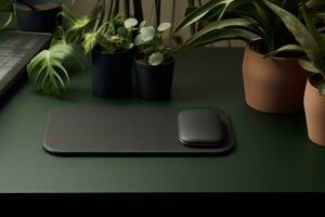 AI generated a desk with a black computer mouse and a plant or two photo