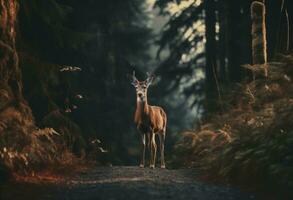 ai generado un hermosa ciervo soportes en el la carretera en el bosque foto