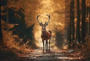 ai generado un hermosa ciervo soportes en el la carretera en el bosque foto