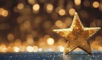 AI generated Sparkling Golden Christmas Star. Ornament Decoration Defocused Bokeh Background. AI Generated photo