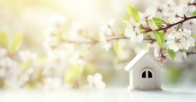 AI generated Toy house and cherry flowers, spring abstract natural background. Generative AI photo