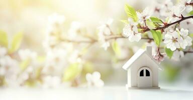 AI generated Toy house and cherry flowers, spring abstract natural background. Generative AI photo