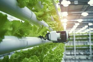 AI generated Automatic Agricultural Technology With Close-up View Of Robotic Arm Harvesting Lettuce In Vertical Hydroponic Plant. AI Generated photo