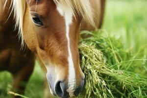 AI generated Brown horse with blond hair eats grass on a green meadow detail from the head. AI Generated photo