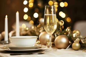 AI generated Christmas table setting with holiday decorations in gold color. AI Generated photo