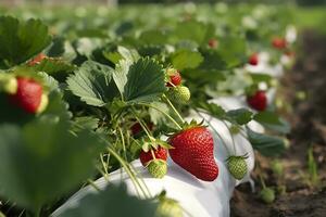 AI generated Bush of ripe organic strawberries in the garden. Berry closeup. Generative AI photo