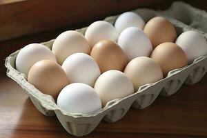 ai generado cerca arriba de abierto caja de cartón de Fresco Tienda compró blanco huevos. ai generado foto