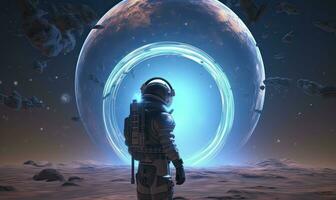 AI generated Astronaut in front of dimensional portal.  AI Generated. photo