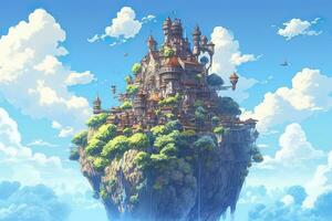 AI generated Ancient Heavenly Floating island in the sky with a castle, vibrant, fantasypunk, AI Generative photo